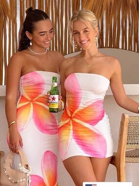 Beginning Boutique White Strapless Mini Dress with Pink & Orange Floral Print